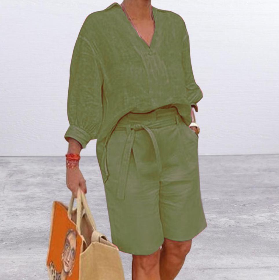 2026 Summer European & American Style Women s Cotton Linen Casual Two-Piece Suit S армия зеленый