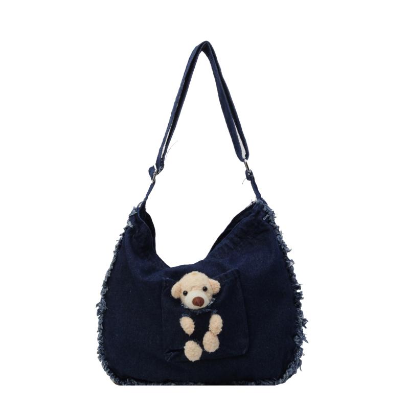 

Джинсовая сумка через плечо с медведем, студенческая сумка-тоут, женская сумка через плечо темно-синий