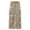 Mens Camo Cargo Pants Loose Straight Leg Pleated Button Detail Casual Trousers