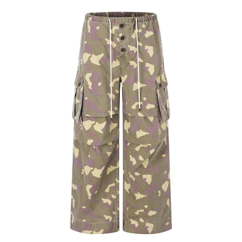 Mens Camo Cargo Pants Vintage Distressed Baggy Pleated Wide Leg Trousers Streetwear