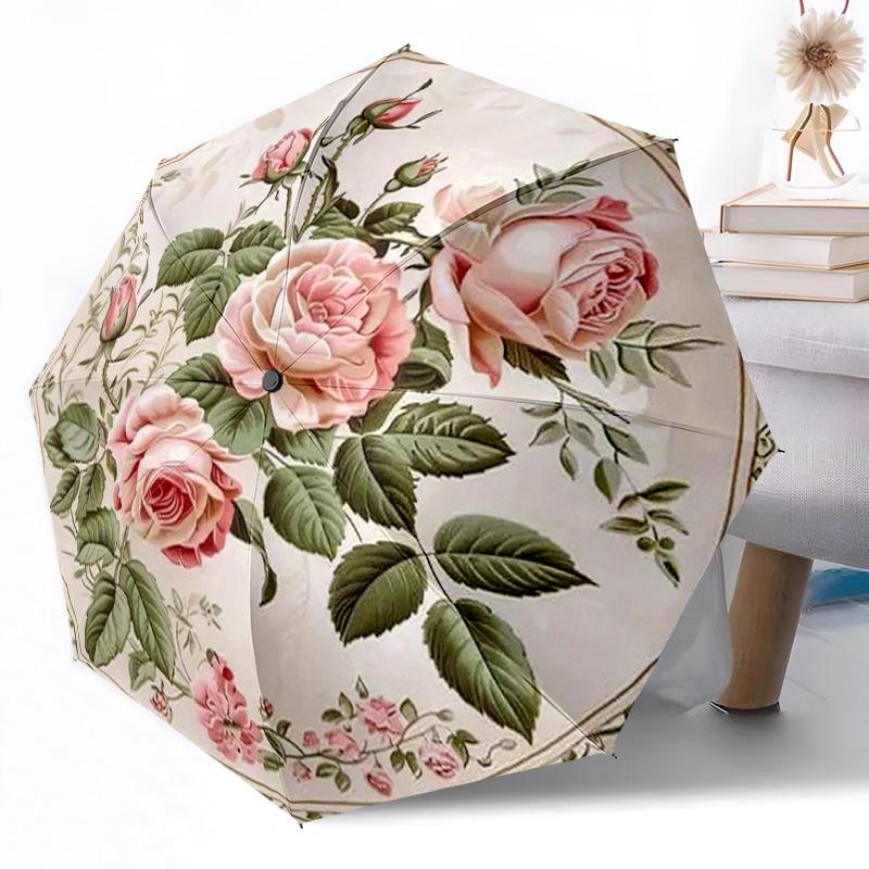 Rosen Garten Teller Automatischer Regenschirm Stabiler 8-Speichen-Schaft Langlebiger Kunststoff & Eisen Ganzjahres-Reise-Outdoor-Zubehör Geschenk für Festivals