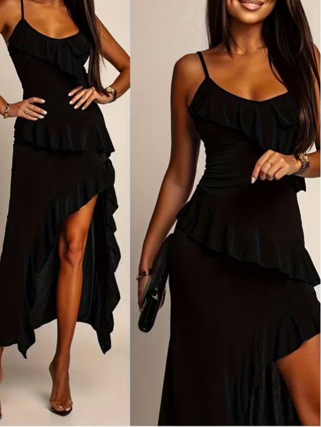 Women s Black Velvet Ruffled Strappy Dress with Irregular Slit M чёрный