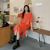 Robe chemise grande taille pour femme Col rond Manches courtes Robe longue Ample Couleur unie Fente Robe midi