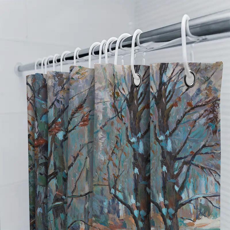 Artistic Bath Curtain Winter Trees Snow Stream Print Decor Shower Liner For Bathroom Home Decoration In Blue Green White Color W