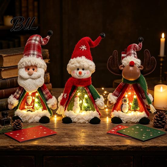 Indoor Xmas Atmosphere Light Lighted Christmas Doll Decoration, Cute Plush Santa Claus/Snowman/Reindeer Figurine with Standing Character Set Warm LED