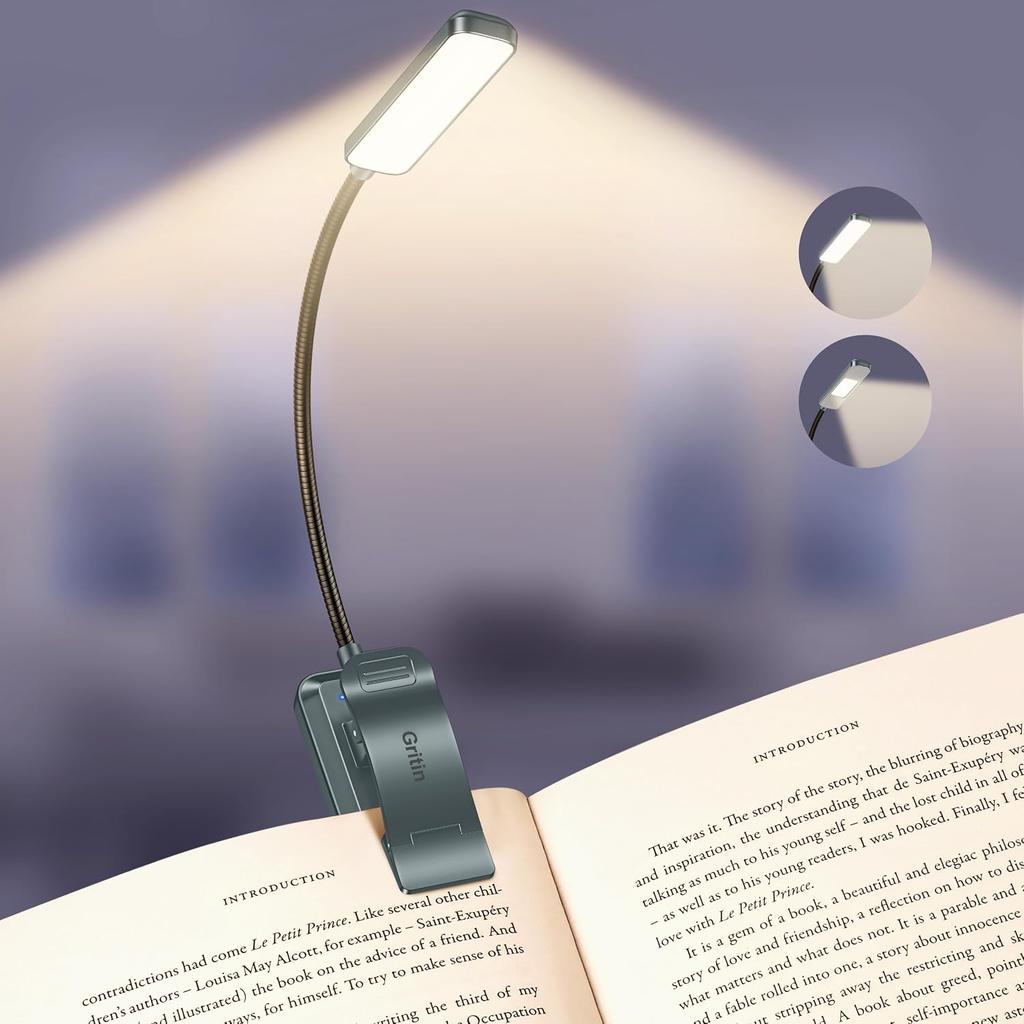 Gritin 2026 Gen 2 Book Light for Reading- 30 Eye Caring Full Spectrum LED | 5 Colors & 5 Brightness, Adjustable Wide/Narrow Beam, Upgrade 1500mAh