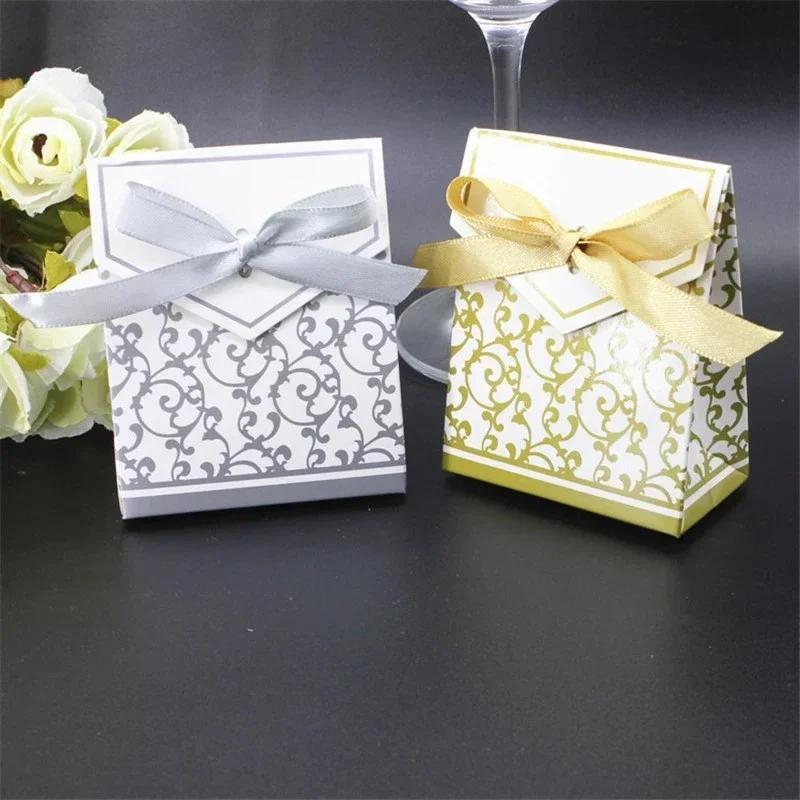 100PCS Wedding Favours Birthday Party Favor Bags Gold Sliver Flower Candy Boxes Bag Sweet Cake Gift Decorations