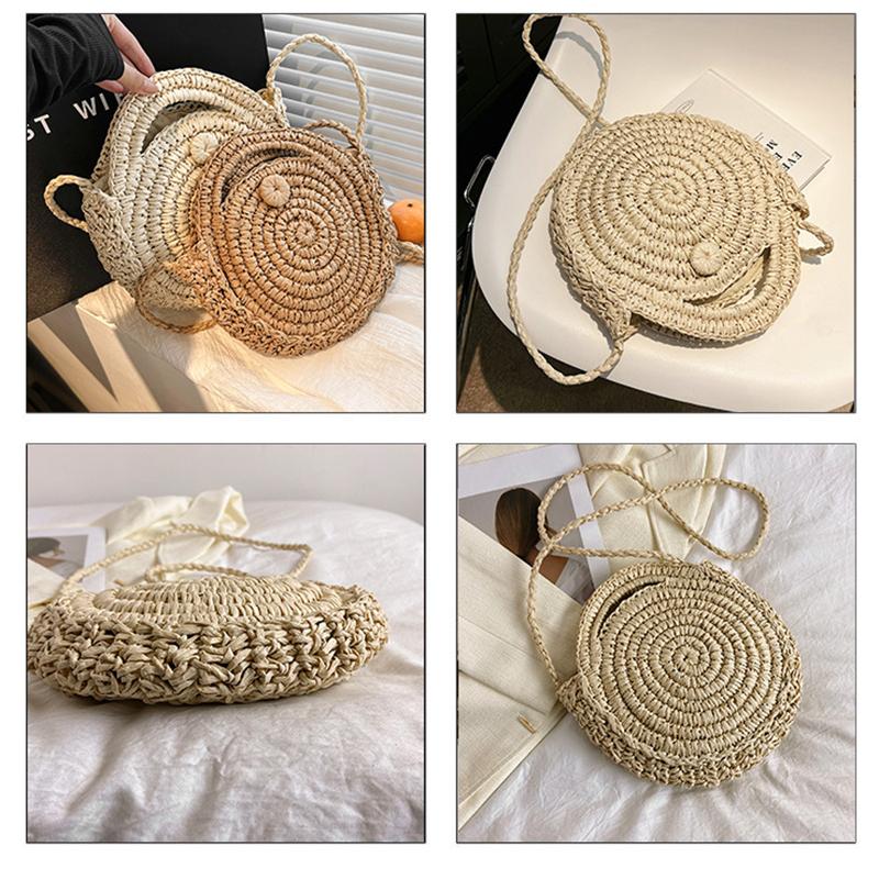 Runde Umhängetasche aus Stroh, handgefertigt, gewebte Schultertasche für Damen, Sommer-Strandtasche, Bohemia-Reisetasche, kleine Handtasche und Geldbörse