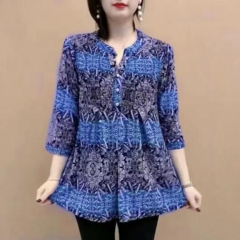 Pulover de vară pentru femei cu gât O, cu nasturi îmbinate, imprimeu, la modă, larg, minimalist, versatil, casual, cu mâneci 3/4, topuri din șifon
