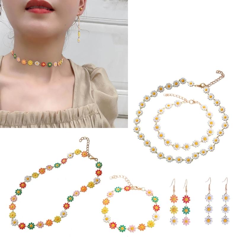 Painted Flower Choker Small Daisy Necklace Adjustable Clavicle Chain for Women Girls Handmade Bracelet Earrings Jewelry