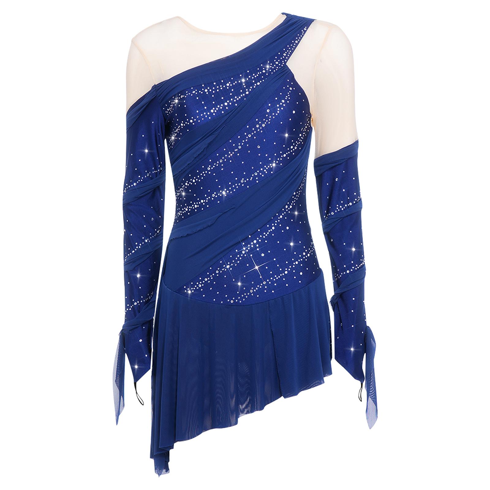 

Womens Figure Skating Bodysuit Dress Rhinestones Backless Irregular Mesh Hem Built in Briefs Dress M темно-синього кольору