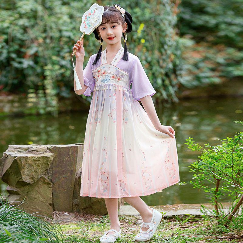 2026 Summer Girls Hanfu Chiffon Dress - Chinese Tang Style for Older Children 110 (Height ~105cm)