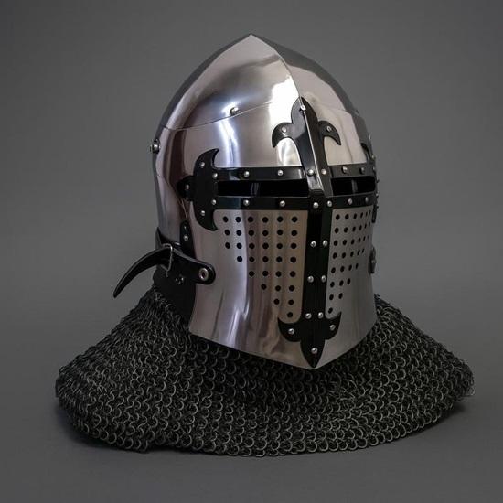 

Средневековый шлем крестоносца-тамплиера Шлем рыцаря из черной стали Шлем SCA Шлем с кольчугой Косплей-шлем, Для подарка на Хэллоуин