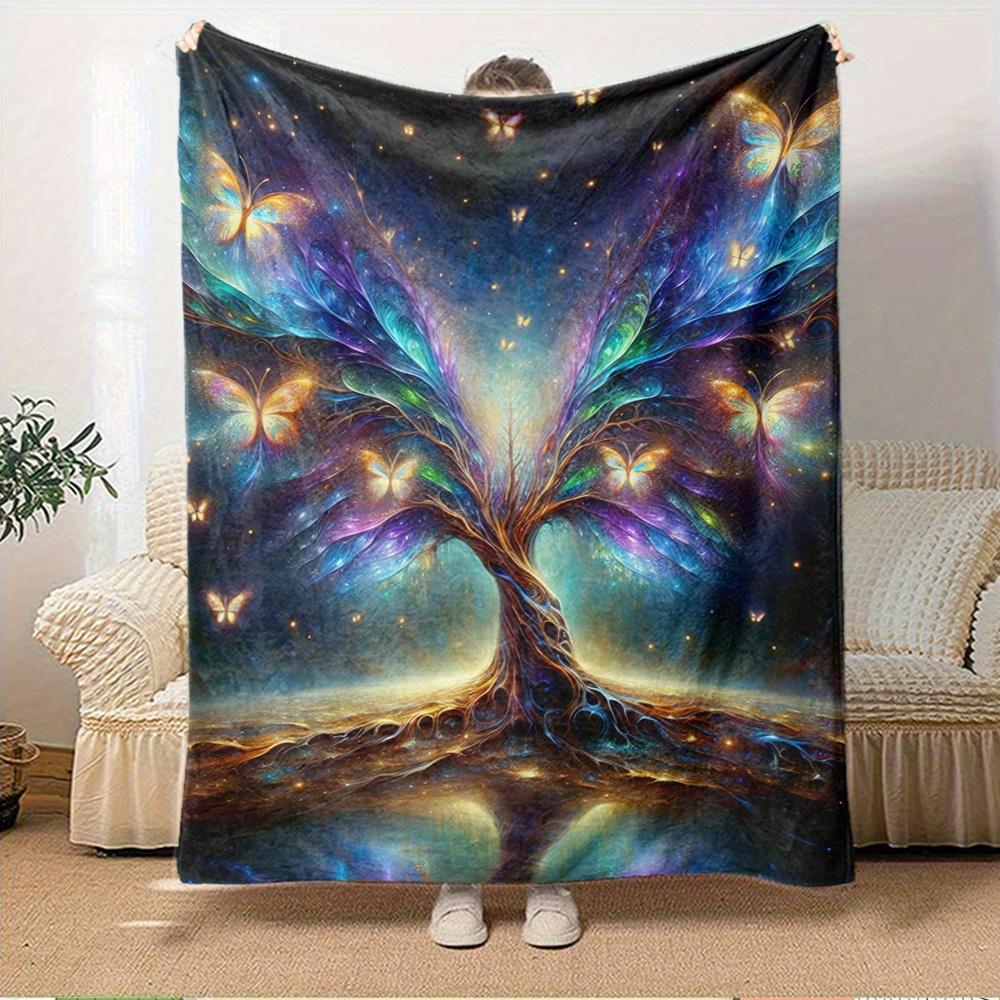 

For Tree of Life,Butterflies,Cosmic Energy-Themed Flannel Blanket, Glam Style, Digital Print, All-Season Comfort, Tear-Resistant, Knitted Cr 150x180cm