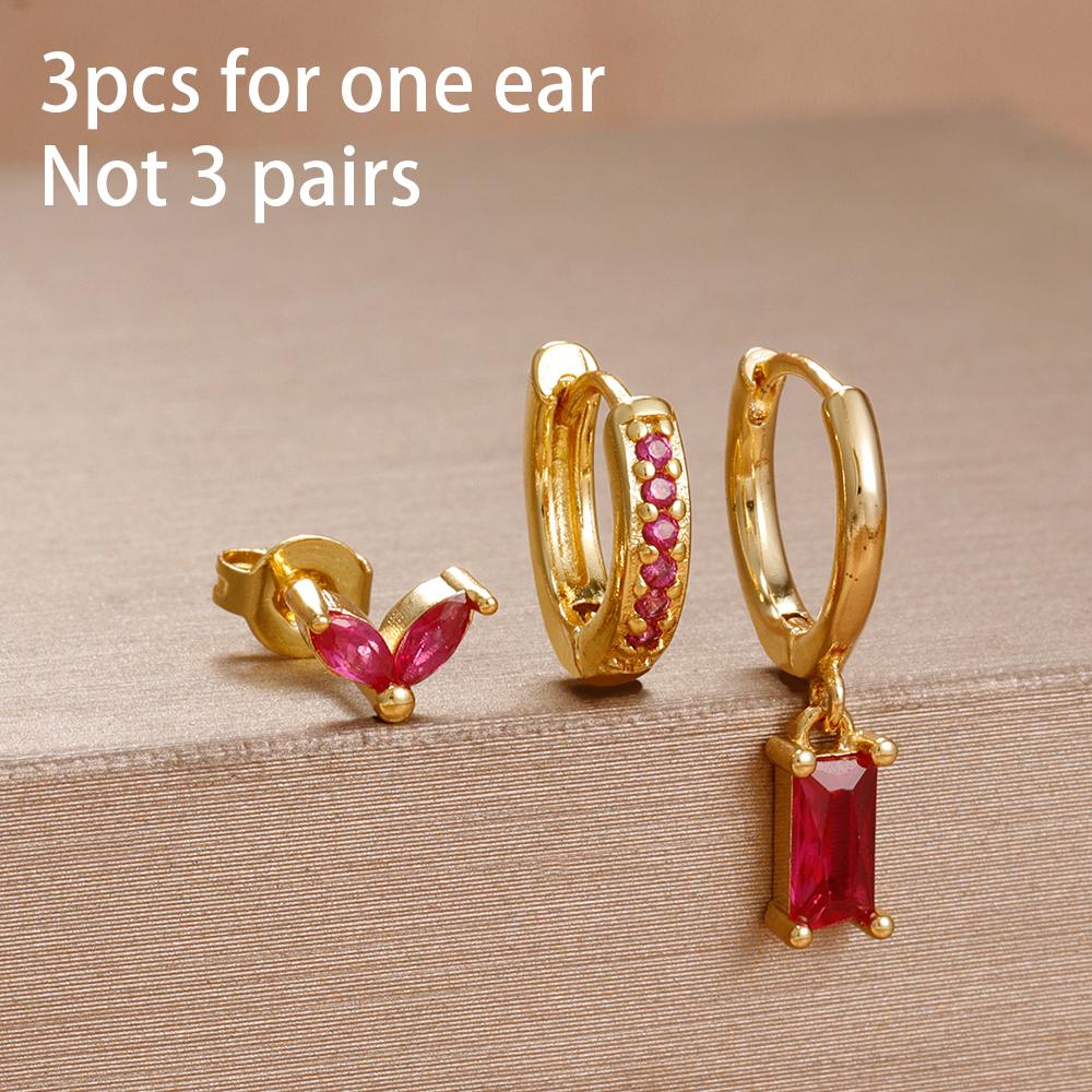 3PCS Rose Red Cubic Zircon Stainless Steel Hoop Earrings Set 18K Gold Plated Huggie Pendant Piercing Earring Women's Jewelry
