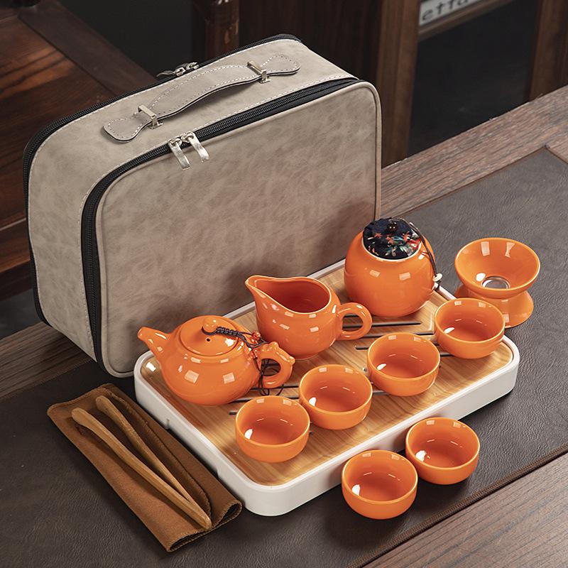 Travel ceramic Kung Fu tea set, tea tray, a full set of portable storage bags, practical business gifts for customers