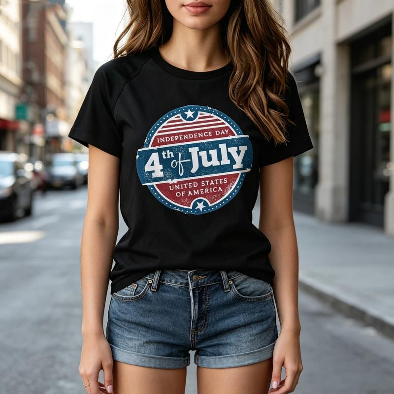Patriotic 4Th of July Badge Tee American Flag Print Unisexs Cotton Short Sleeve Casual Holiday Oversized T Shirt Y2k Clothes