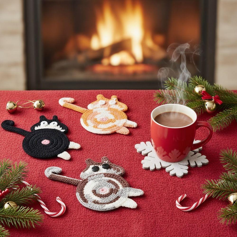 Cute Crochet Drink Mat Non-Slip Cute Cat Coasters Cat Butt Coasters Tea and Coffee