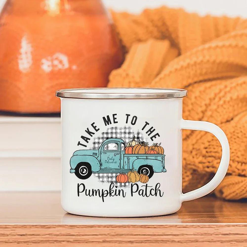 Take Me To The Pumpkin Patch Printed Enamel Mugs Coffee Cups Thanksgiving Party Juice Mug Cocoa  Handle Cup Fall  Holiday Gifts