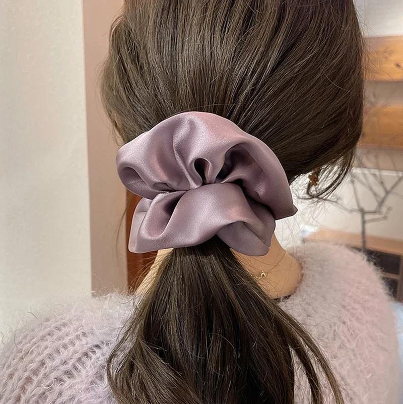 Newest Woman Big Elegant Silk Elastics Hair Band Solid Color Scrunchies Hair Ties Ladies Ponytail Hold Hair Accessories