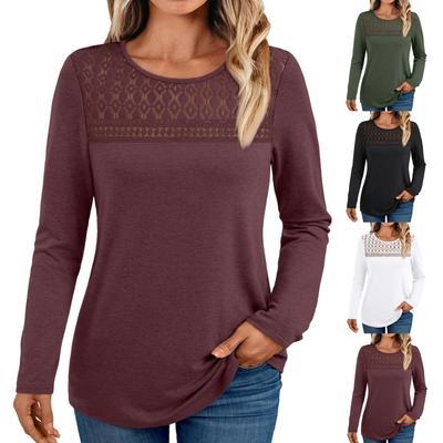 Women's Loose Casual Solid Color Mesh Lace Hollow Out Versatile Long Sleeved Top