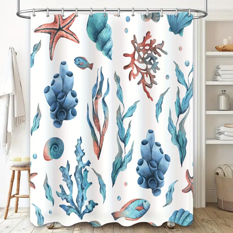 Underwater World Shower Curtain Aqua Seashells Coral Design for Bathroom Decorations Waterproof Fabric with Rings Set (White)