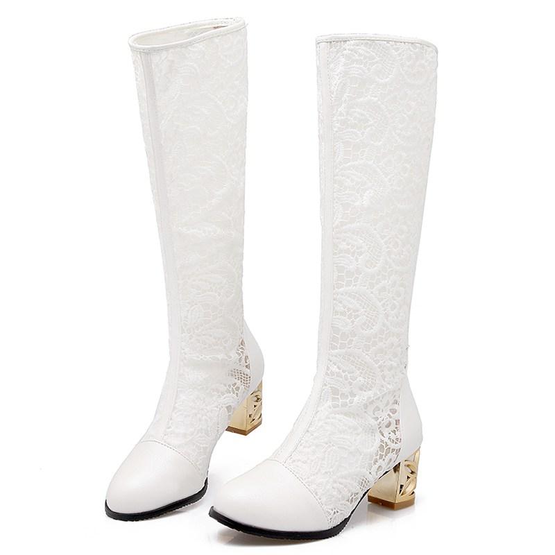 Spring Summer Boots Shoes Women Med Heels Knee Flower Lace Female Mujer Zipper Glitter Sexy White BiG Size 43 44 4546