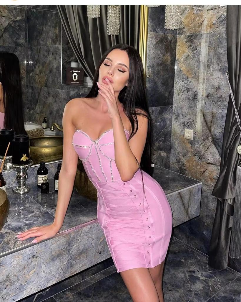 Rochie Roz Fără Bretele cu Șireturi din Dantelă Ajurată, Tricotată, Fără Spate, cu Bandaje