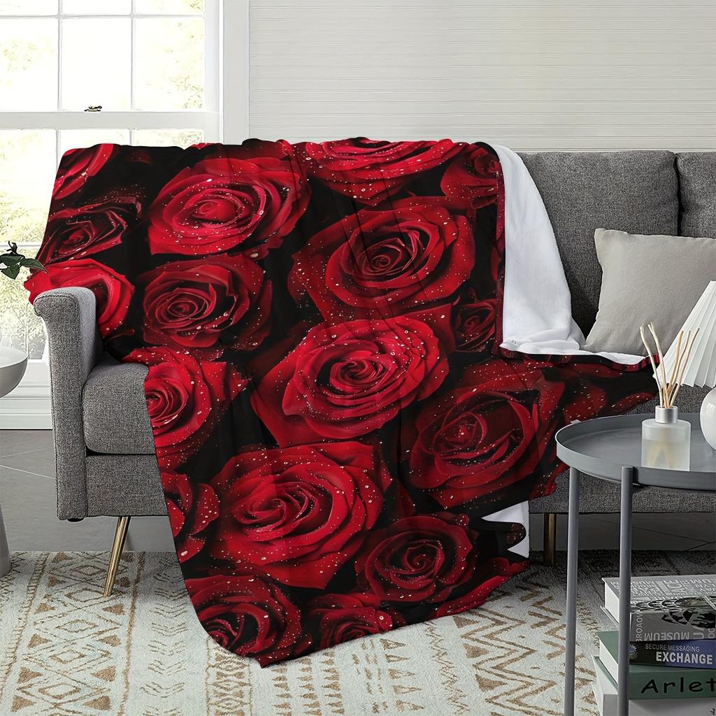 Contemporary Geometric Red Rose Print Throw Blanket – Digital Printing, All-Season Soft Polyester Knit, Romantic Love Symbol