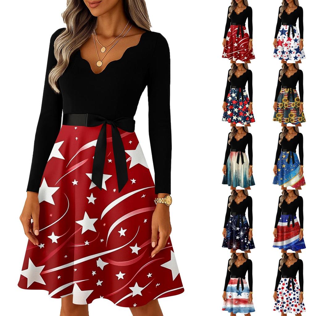 Ladies' Casual and Fashionable V-neck Long Sleeved Retro Independent Day Print Retro Dress