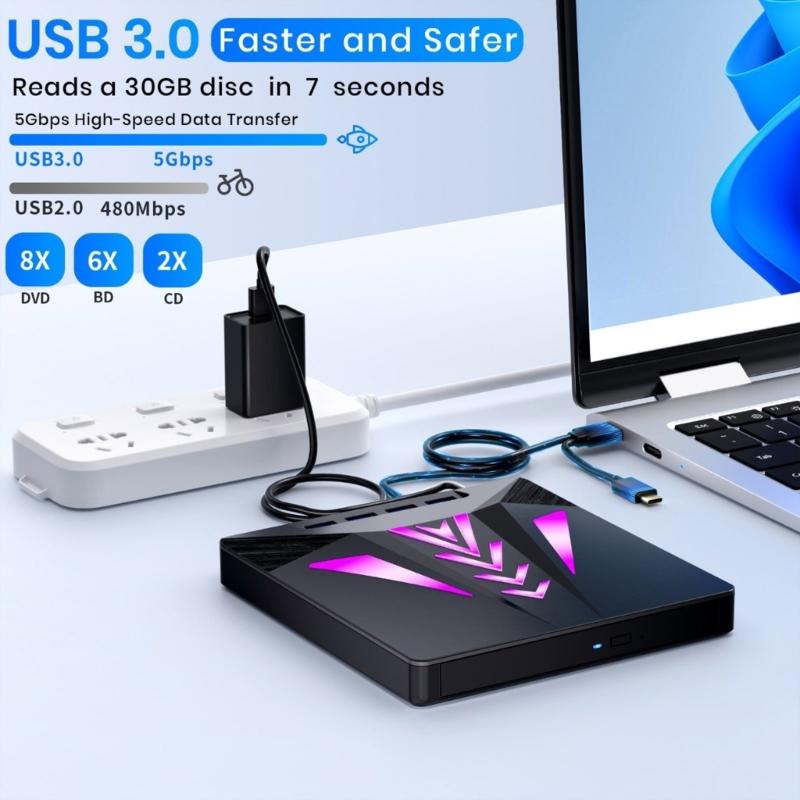 External Disc Drive for Laptop 6 In 1 USB Portable Disc Player External Disk Drive with Card Slot 3 USB2.0 1 USB3.0 Port