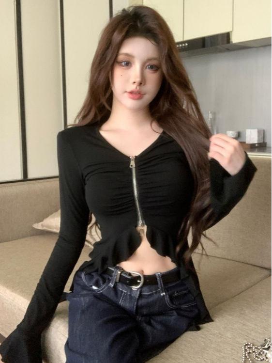 Chic Flare Sleeve Zipper Cropped T-Shirt for Women - Slim Fit Early Autumn Top