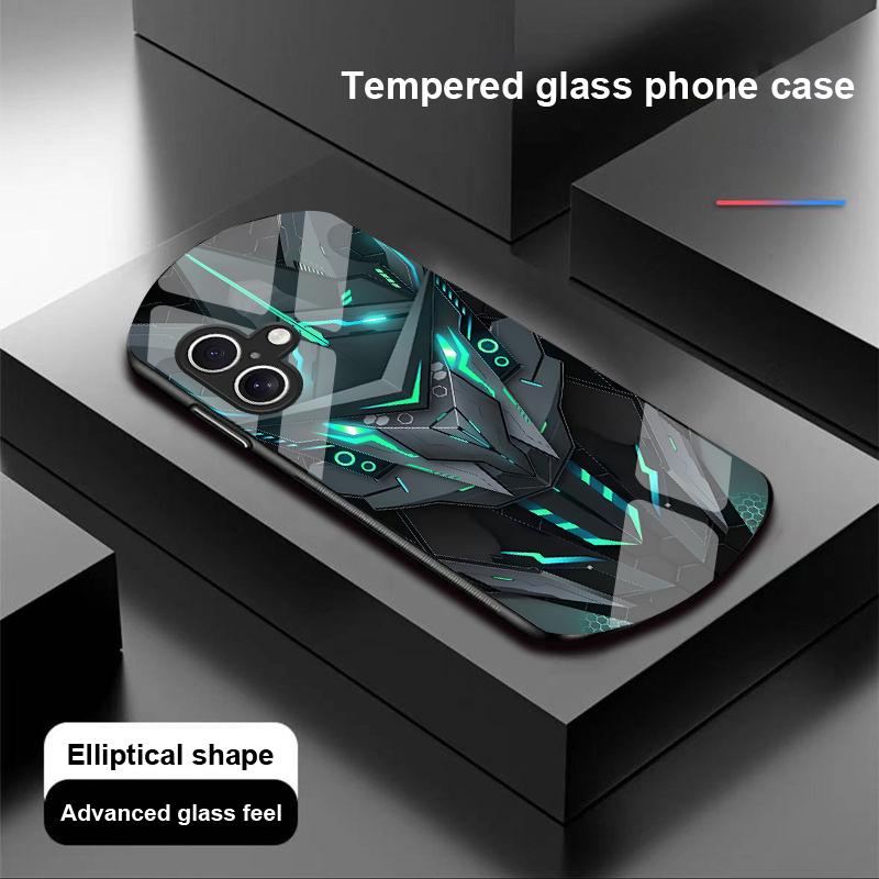 Kreativer Mech Für Apple IPhone 16 11 13 15 14 Pro Max 12 Mini 7 8 Plus XR X XS SE Elliptisch Geformte Handyhülle aus Gehärtetem Glas