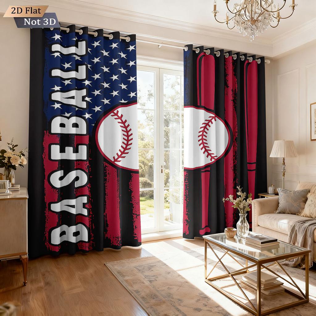 2pcs Baseball Print Perforated Blackout Curtains Multiple Sizes Living Room and Bedroom Insulation Decoration Easy Installation