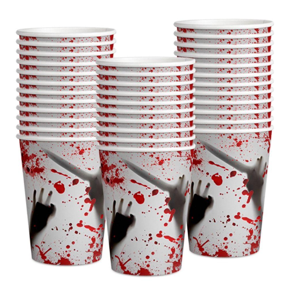 10Pcs Cup Plate Bloodstain Paper Plate Cup Set Haunted House Props Happy Halloween