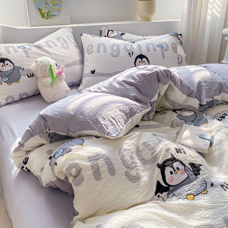 Nordická jednoduchá pruhovaná malá černá kočka praná bavlna čtyřdílná sada kreslený povlak na přikrývku prostěradlo studentská kolej třídílná sada