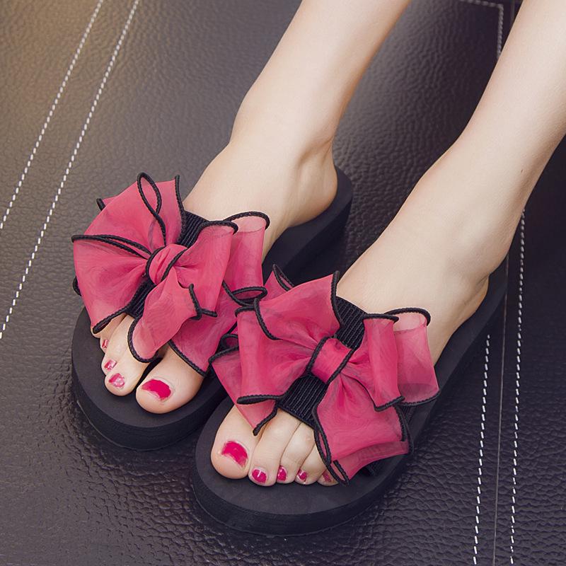 New Ladies Korean Bowknot Thick Bottom Height Increasing Sandals - Non-slip Flat Bottom Herringbone Beach Sandals for Outdoor Casual Wearing