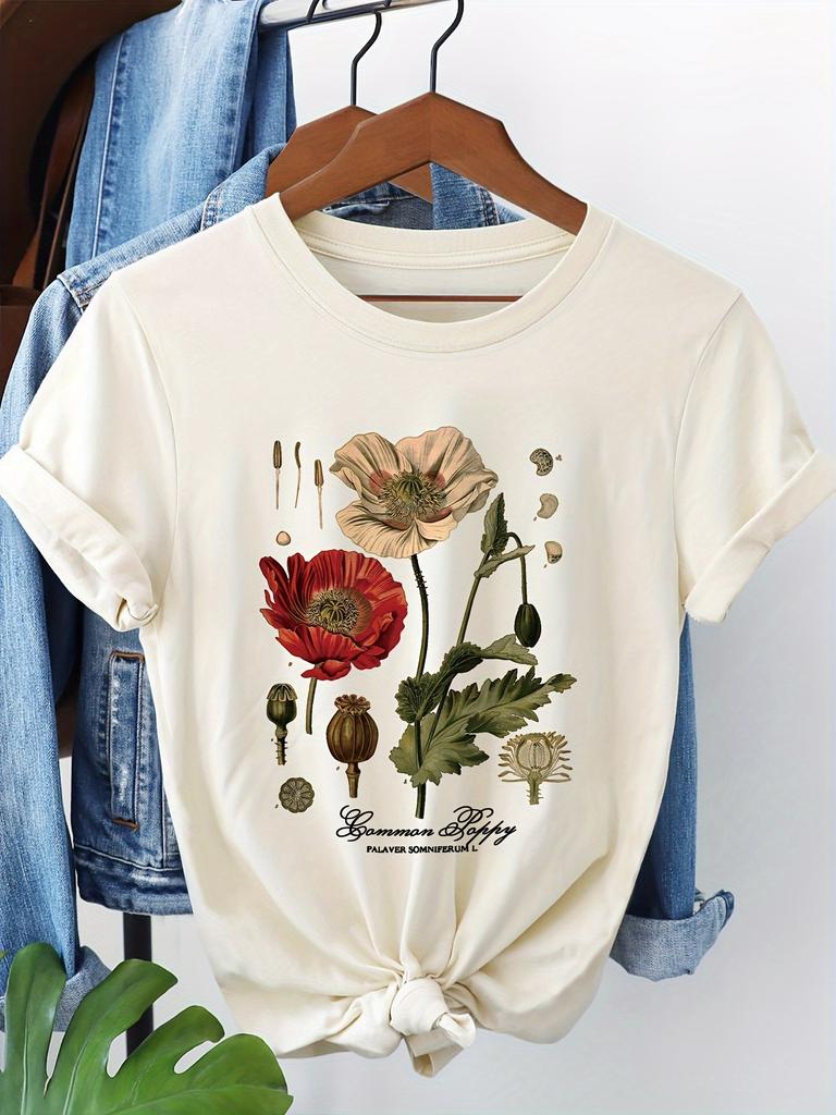 with Poppy Flower Print Breathable Fabric Shor Sleeved Round Neck T-Shirt Fashion Harajuku Kawaii T-shirt Women's Y2K Clothing