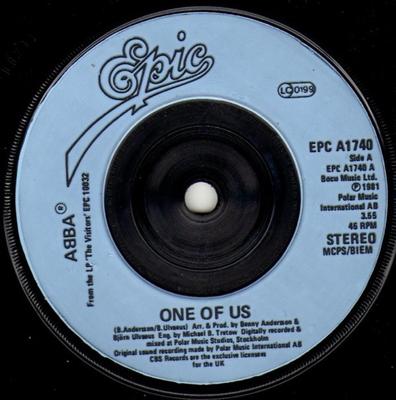 7inch Record ABBA  One Of Us EPCA1740 Epic 1981 UK Pop Used