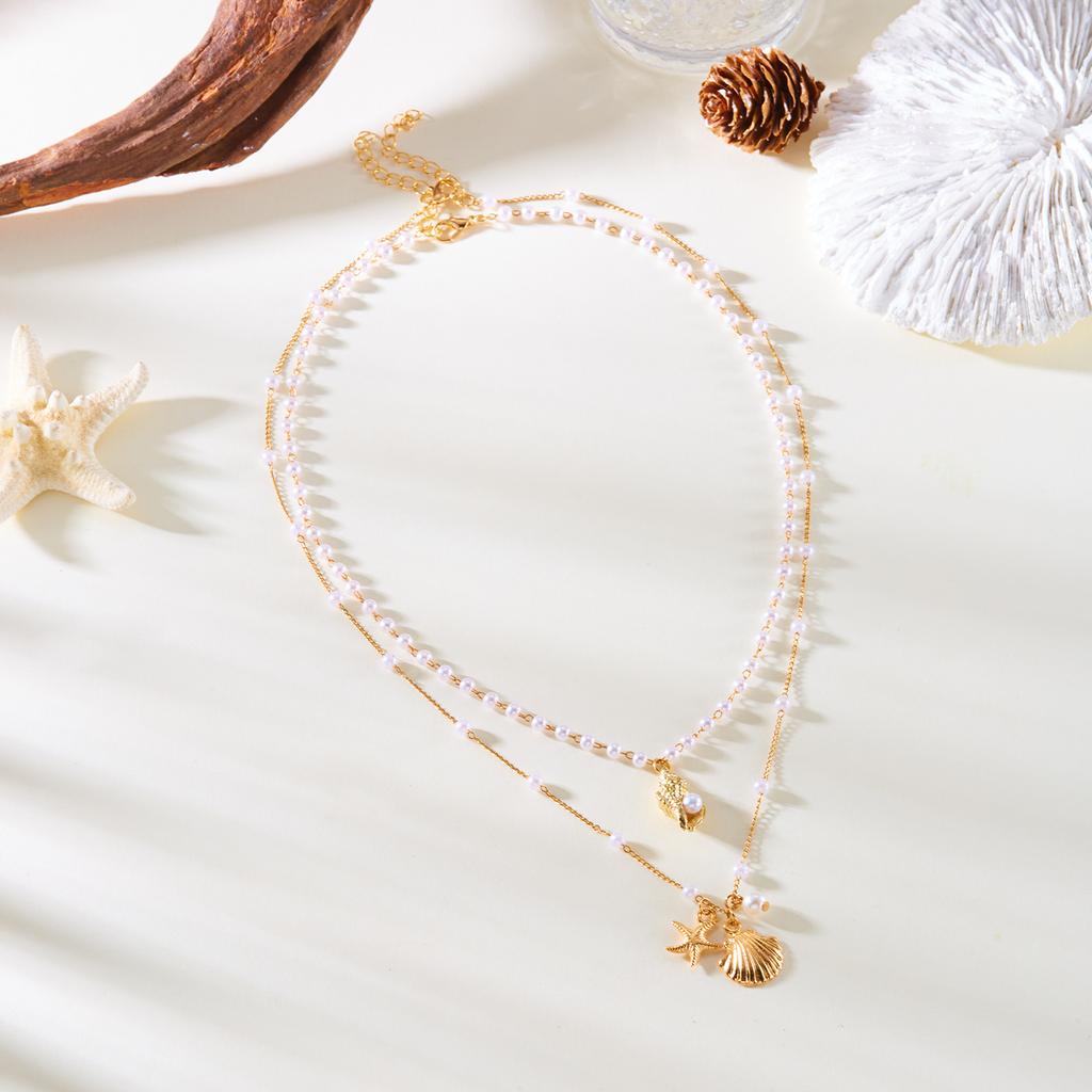 Boho Double Layer Imitation Pearl Shell Starfish Necklace for Women Beach Pendant Short Choker Neck Chain Jewelry Accessory