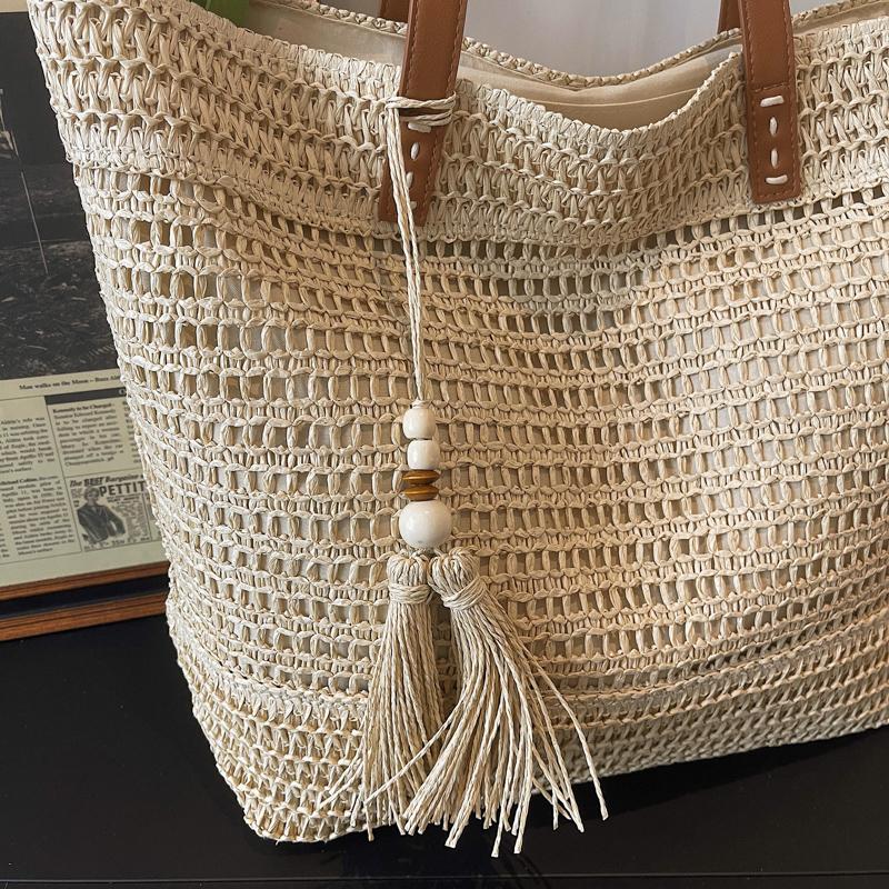 Borsa Tote in Paglia Intrecciata con Manici in Pelle Dettaglio Frangia Borsa da Spiaggia Estiva Moda Donna Grande Capienza