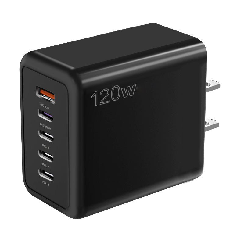 120W Multi-Port Fast Charger - 4 Ports + USB, Compatible with Xiaomi, Apple, Type-C; EU, US, UK Standards