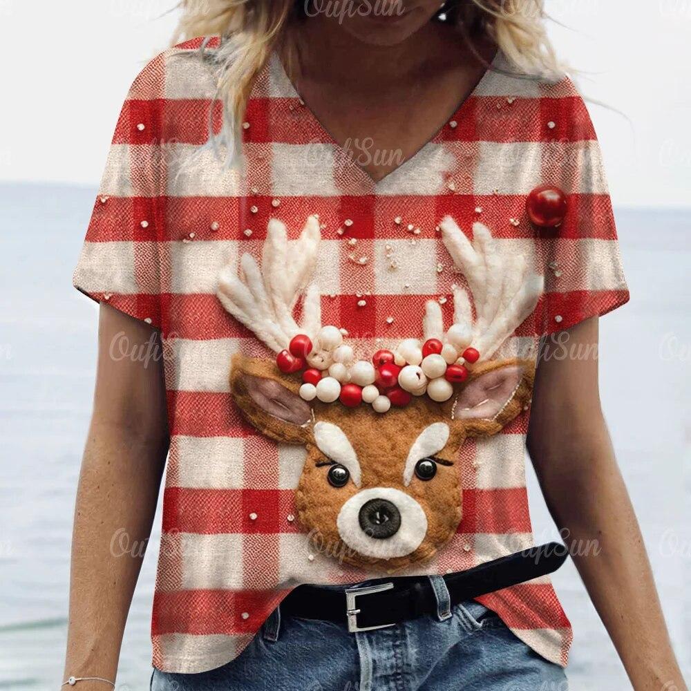 

Новая рождественская женская футболка с 3D принтом Санта-Клауса, футболки с короткими рукавами и v-образным вырезом, уличная одежда большого размера, женский пуловер в стиле Харадзюку, топы 5XL