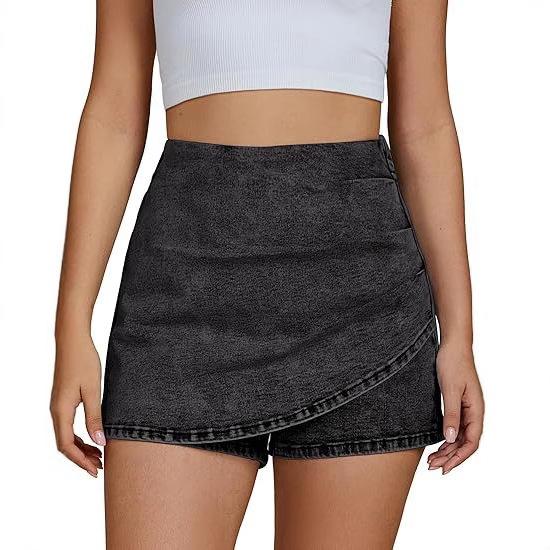 Women's White Short Top and Light Blue Denim Skirt Set with Asymmetric Hem and Slit