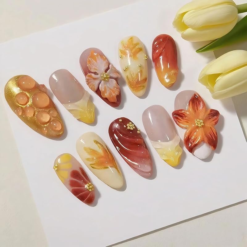 Fall Maple Leaf False Nail Thanksgiving Press On Nails Almond Shaped Medium Autumn Acrylic Artificial Fingernails Full Cover Glossy Thanksgiving