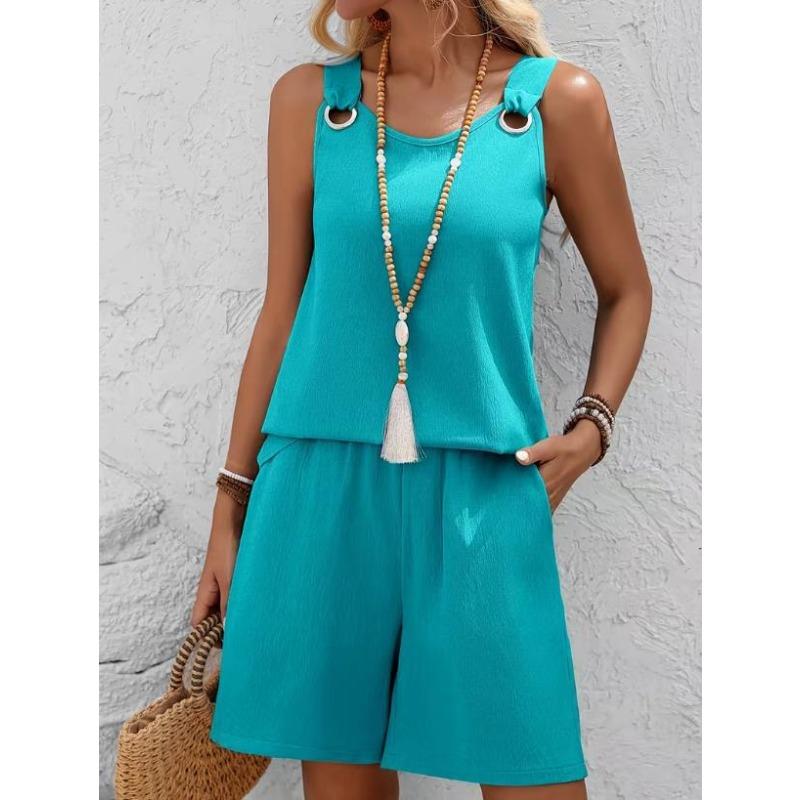 Western Spring Summer Fall New Solid Color Craft Fabric Double Pocket Sleeveless Top and Shorts, Vacation Style Elegant Casual Set