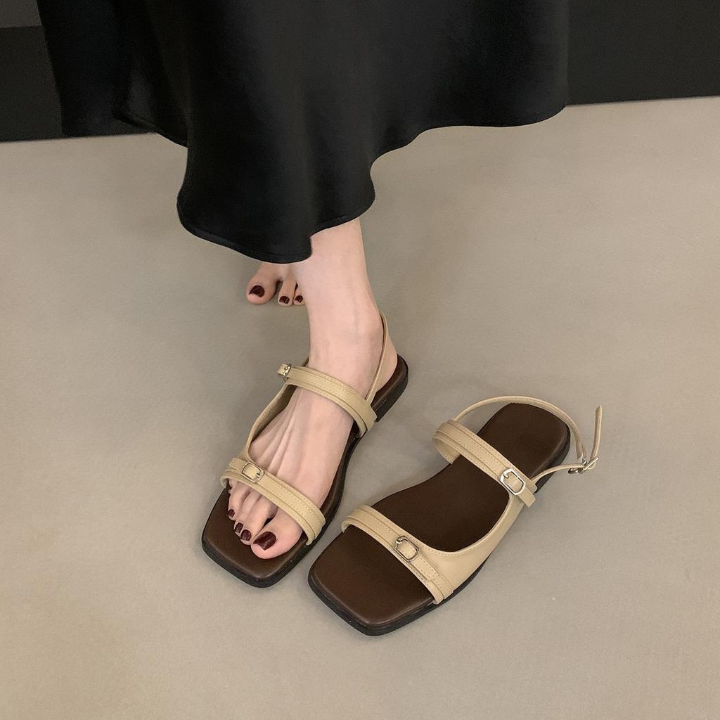 Design sense one word belt buckle flat Roman sandals women's summer seaside vacation with skirt beach shoes