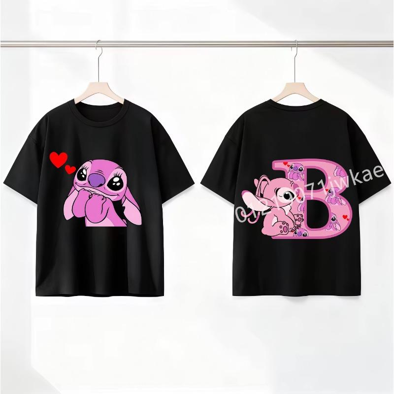 Stitch Angel Letter A-Z Cartoon Black Kids Pink T Shirt Summer Cute Boys and Girls Short-Sleeve Top Casual Breathable Clothing