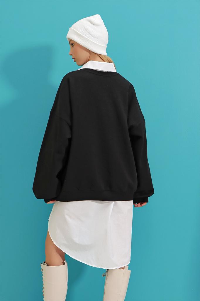 Women's Sweatshirt New Season Fashion Black Hooded Letter Printed College Sweatshirt with Fleece Inside