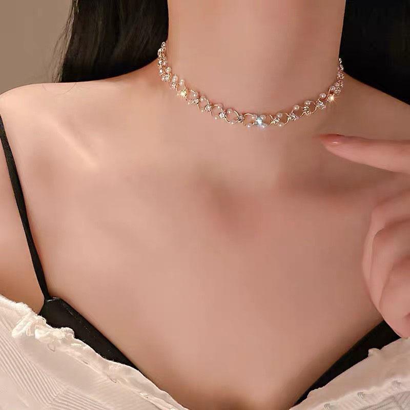 Korean Pearl Studded Diamond Necklace Woven Pearl Necklace